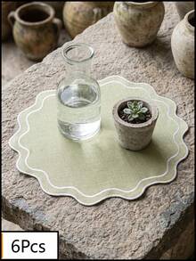 1pc Light Green With White Edge Wavy Placemat, Fresh Natural Style Fabric Material, Round Wavy Edge With White Binding Detail Decoration, Stain-Resistant Tabletop Protection, Functional Dining Table Decor, Suitable For Daily Home And Fresh Dining Table Setting - Green - View 8