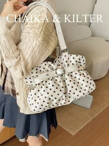 CHAIKA & KILTER 1件裝拼色PU布料托特包，女款時尚單肩托特包，滿版波點圖案，雙手柄設計，拉鍊開合，飾帶裝飾，適合日常與街頭使用 - 白色 - 查看 9