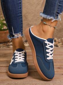 Women's Fashion Half-Slip-On Solid Color Sporty Lace-Up Metal Eyelet Flat Casual Shoes - Denim Blue - View 2