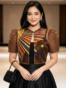 夏季時尚優雅印花泡泡袖短袖開襟衫上衣，女款 Bolero Filipiniana 上衣 - 咖啡棕 - 查看 1