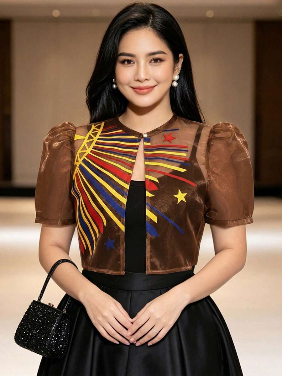 夏季時尚優雅印花泡泡袖短袖開襟衫上衣,女款 Bolero Filipiniana 上衣 - 咖啡棕 - 查看 1
