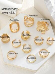 12/5pcs Gold Bohemian Vacation Style Women's Rings Set, Floral Geometric Asymmetrical Shape Multi-Layer Casual Daily Versatile Rings, Suitable For Vacation, Photography, Daily Wear, Dating - Yellow Gold - View 4