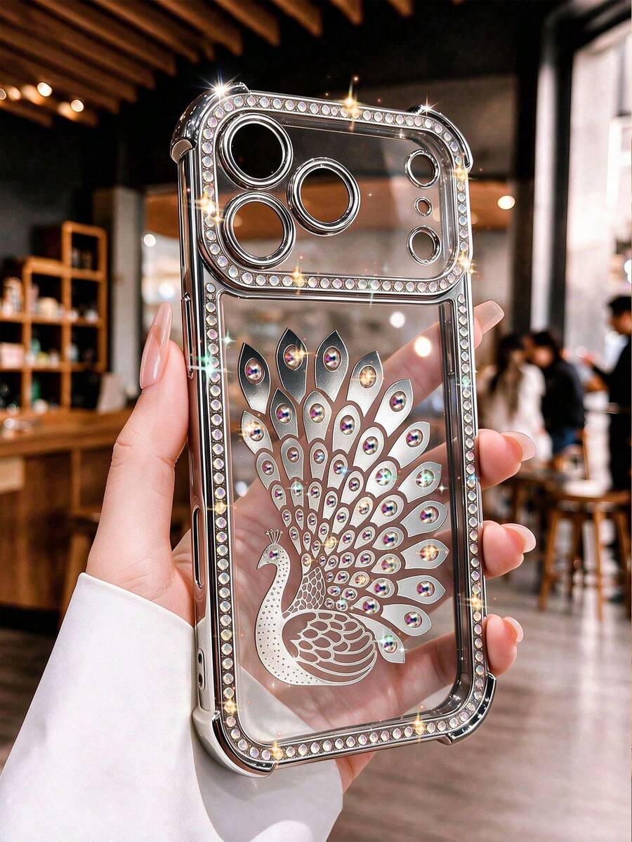 Luxury Peacock Pattern AB Shiny Rhinestone Phone Case, Suitable For Apple IPhone18 PRO MAX, Electroplated Inlaid Crystal Transparent Anti-Drop Lens Protection Case, Compatible With IPhone17Pro Max 16Pro Max 15Pro Max 14Pro Max 13Pro Max 12Pro Max 11Pro Max 16Plus 15Plus 14Plus 17 17PRO 17AIR 16 16PRO 16E 15 15PRO 14 14PRO 13 13PRO 12 12PRO 11 11PRO All Models - Silver - View 1