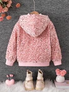 Girls' Autumn/Winter Fashion Sequin Plush Fabric, Thick Soft Warm Comfortable Plush Lining, Hooded Zipper With Ribbed Cuffs, Sweet Cute Fleece Jacket - Pink - View 3