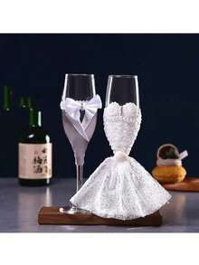 2 件婚礼高脚酒杯套装，灰色燕尾服蚀刻浪漫情侣婚礼敬酒杯，婚礼订婚香槟爱好者玻璃器皿，新郎和新娘敬酒杯 - 彩色 - 查看 2