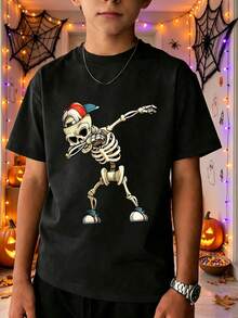 [Halloween Party]Tween Boy 1pc Skeleton Pose Print Short Sleeve T-Shirt, Young Student Kids Clothing, Personalized Top For Children, High Quality - Black - View 1