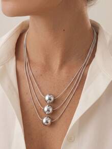 1pc Fashionable Exquisite 3-Layer Flat Snake Chain Ball Layered Collarbone Necklace, Suitable For Women's Daily Wear, Holiday Gift And Birthday Gift - Silver - Round Snake Chain - View 3