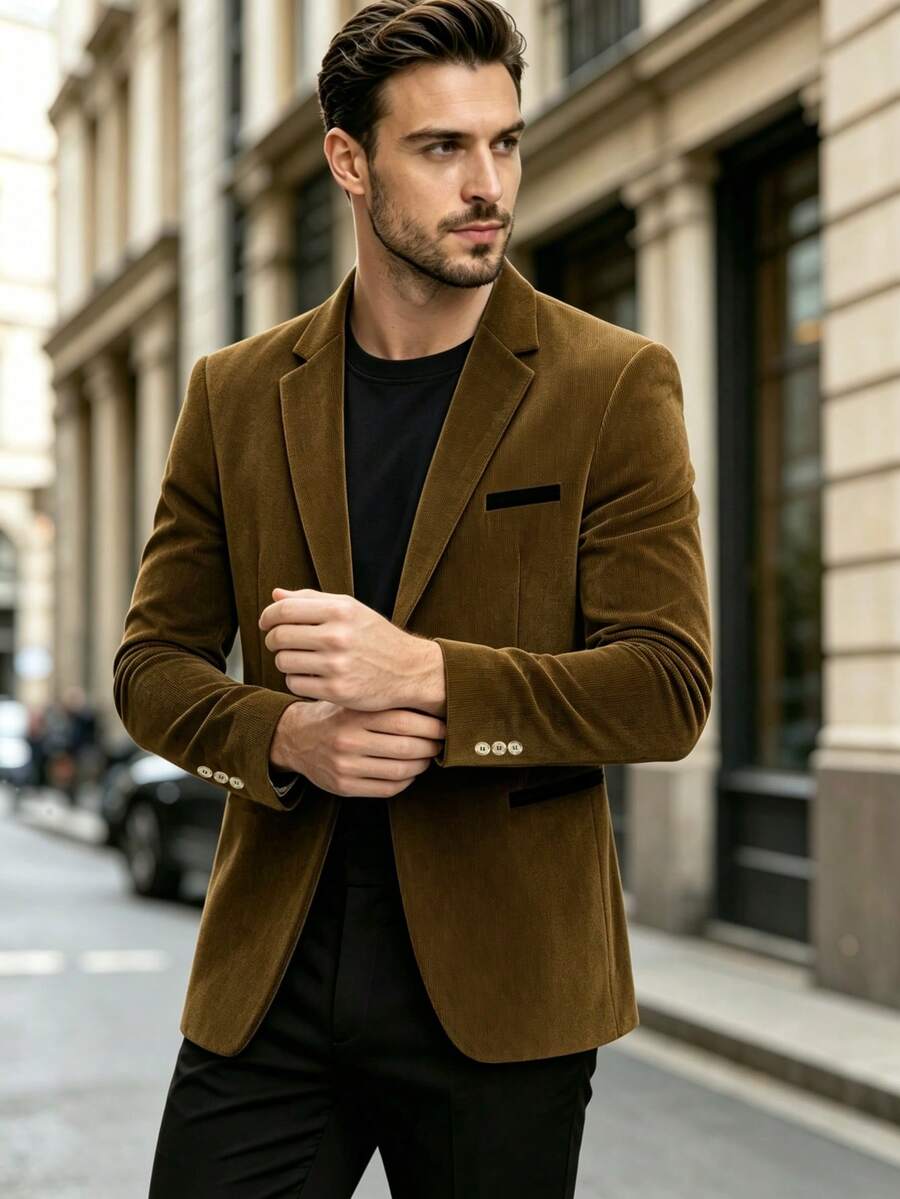 Áo blazer nhung kẻ nam phong cách vintage, thiết kế ôm dáng, mặc thoải mái và tự tin, phù hợp cho các dịp trang trọng, họp kinh doanh và tụ họp - màu nâu - Xem 1