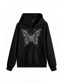 Women's Rhinestone Butterfly Print Hooded Sweatshirt, Drawstring Pocket Loose Long Sleeve Pullover Sweatshirt, Casual Versatile Streetwear Top, Black - Black - View 4