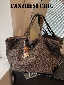 Large Capacity Brown Design Tote Bag With External Coffee Cup Hook, Leopard Print Top, Dual Shoulder Straps And Keyring - Brown - View 1
