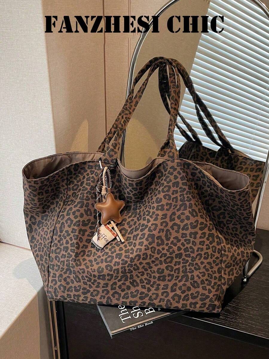 Large Capacity Brown Design Tote Bag With External Coffee Cup Hook, Leopard Print Top, Dual Shoulder Straps And Keyring - Brown - View 1