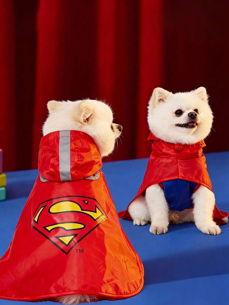 SUPERMAN X PETSIN 1pc Red Hooded Rain Poncho For Dogs, Pet Outdoor Raincoat - Red - View 1
