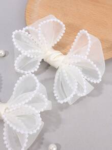 2pcs Pink/White Tulle Bow Hair Clips, Pearl Chain Trim Princess Style Elegant Hair Accessories, Suitable For Birthday, Wedding, Spring/Summer Daily Wear - Multicolor - View 5