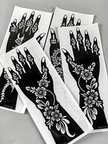 4pcs Henna Tattoo Stencil Set For Left & Right Hands, Traditional Floral Wreath + Fresh Flower Designs, Suitable For Wedding, Eid, Islamic Festivals, Music Festivals, Photoshoot - Black - View 6