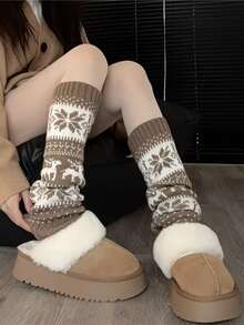 1 par de calcetines de mujer con diseño Fair Isle de copos de nieve en capas, vintage y cómodos, adecuados para otoño/invierno y looks festivos - Multicolor - Ver 1
