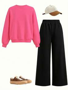 2pcs/Set Girls Sweatshirt & Pants Set, Simple Heart Print, Soft Fabric, Casual & Sweet Outfit - Hot Pink - View 3