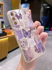 1pc Purple Butterfly Illustration Newspaper Camera Anti-Drop Phone Case UV Printed Compatible With Samsung/Galaxy/ Android Models - Beige - View 4