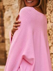Women's Plus Size Cold Shoulder Batwing Sleeve Knit Sweater, Loose Fit Ribbed Pullover, Casual Streetwear Vacation Outfit For Autumn/Winter - Pink - View 3
