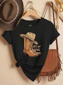 Casual T-Shirt With Western Print, Women's T-Shirt With Cowboy Boots Design And "Let's Go Girls" Phrase, Ideal Top For Travel, Festivals And Everyday Style - 黑色 - 查看 1