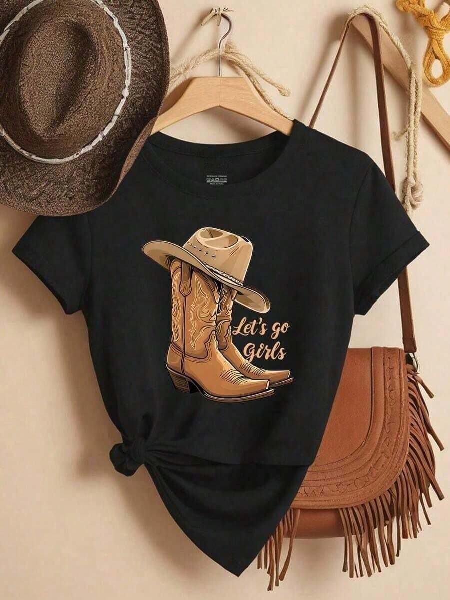 Casual T-Shirt With Western Print, Women's T-Shirt With Cowboy Boots Design And "Let's Go Girls" Phrase, Ideal Top For Travel, Festivals And Everyday Style - 黑色 - 查看 1