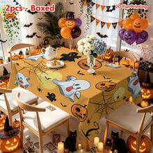 1/2pcs Halloween Tablecloth, Halloween Theme Polyester Tablecloth Cartoon Ghost Pumpkin Spider Web Orange Background Suitable For Dining Room Kitchen Coffee Table Dining Table Picnic Camping Country Farmhouse Decoration Holiday Tabletop Protection - Multicolor - View 11