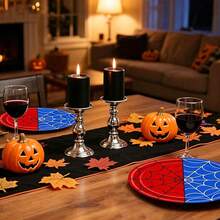 10pcs/20pcs/50pcs/80pcs Halloween Spiderweb-Themed Party Tableware Featuring Red And Blue Spiderweb Patterns; Includes Disposable Paper Plates, Napkins, And Cups Suitable For Halloween And Birthday Party Decorations. - Multicolor - View 4