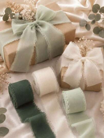 3pcs Handmade Chiffon Ribbon Tassel Set (Green & Cream) 1.5"X16.4ft Frayed Edge Ribbon, Suitable For Wedding Invitations, Wedding Decor, Bouquets, Bridal Bouquets, Gift Wrapping, Handmade Holiday Party Decorations