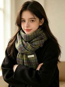 Elegant Green Plaid Scarf With Tassels - Soft & Warm Polyester Shawl For Teens | Hand Washable & Windproof | Perfect For Outdoor Fashion, Non-Deforming, Highly Decorative - Multicolor - View 3