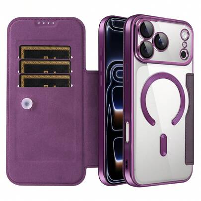 1pc Flip Full Coverage Phone Case Compatible With Apple 17 Pro Max A56 Magnetic Transparent Protective Cover With Card Slot Anti-Drop Leather Case