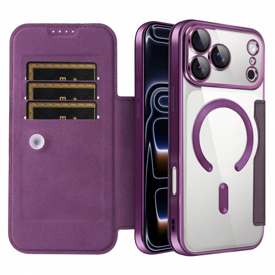 1pc Flip Full Coverage Phone Case Compatible With Apple 17 Pro Max A56 Magnetic Transparent Protective Cover With Card Slot Anti-Drop Leather Case