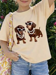 Girls Casual Dog Print T-Shirt, Fashion Dachshund Pattern, Short Sleeve, Soft And Comfortable Fabric, Campus Daily Wear - Apricot - View 9