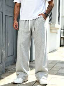 Men's Minimalist Solid Color Straight Leg Sweatpants - Featuring Drawstring Elastic Waist, Side Pockets, Made Of Fabric, Loose Fit Sports - Light Grey - View 5