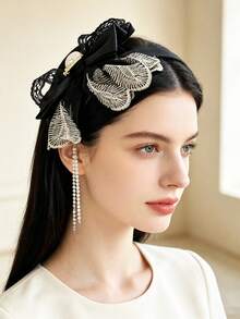 1pc Women's Black Peacock Embroidered Lace Satin Small Flower Bow Rhinestone Chain Oversized Lace Square Pearl Headband, Elegant For Daily, Party, Performance, Vacation - Multicolor - View 2