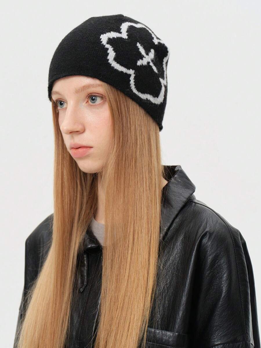 1pc Women's Fashion Jacquard Knit Beanie Hat, Oversized Head Circumference Skull Cap, Suitable For Autumn/Winter Outdoor Warmth, Cold Protection, Daily Wear And Travel - Jacquard - View 1