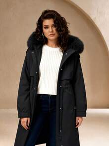 Risissida Elegant Fashion Women's Coat With Pockets And Faux Fur Lining, Perfect For Autumn/Winter - Black - View 5