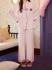 Gongdie 2pcs Disney Women's Pajama Set, Spring/Autumn Striped Soft Pure Cotton Loungewear, Pink Bear Print With Plaid Bow - Beige - View 8