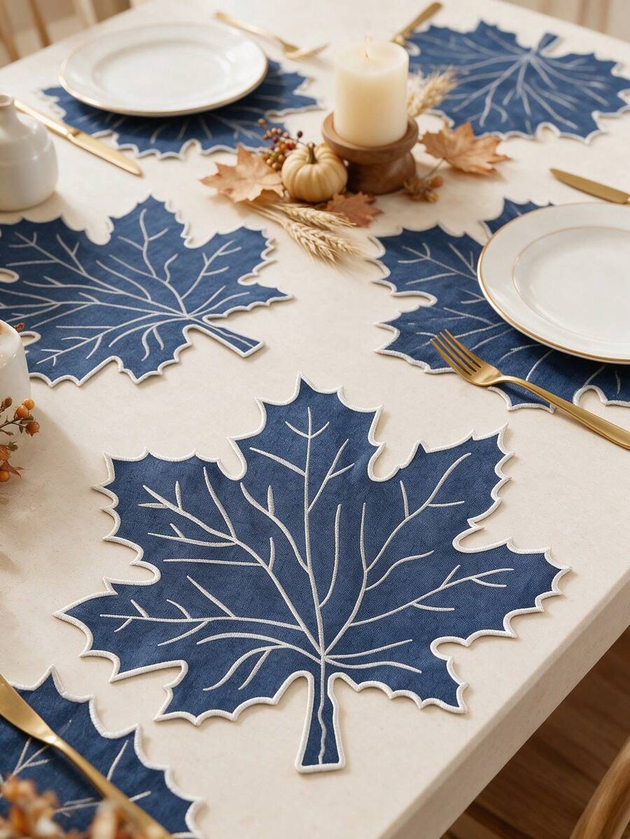 12pcs Thanksgiving Blue Maple Leaf Polyester Embroidered Placemats, Washable Tabletop Decor Pads, Waterproof And Oil-Resistant Table Mats, Table Protector Pads, Wear-Resistant And Non-Slip Table Mats, Easy To Store And Odorless, Suitable For Restaurants, Homestays, Festivals, Parties, Gatherings, Dinners - Multicolor - View 1