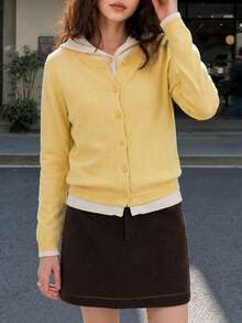 Women's Autumn Minimalist Casual Preppy Style 2 In 1 Design Hooded Cardigan Knit Sweater Jacket - Yellow - View 3