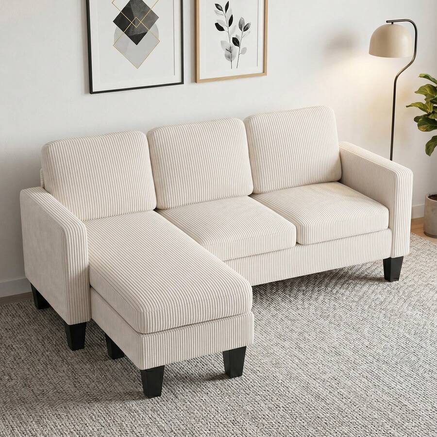 HOMCOM 73" Sectional Sofa, L Shaped Couch With Changeable Chaise Or Ottoman, Corduroy 3 Seat Sectional Couch For Living Room, Bedroom, Apartment, 2200lb Capacity, Cream White - 白色 - 查看 1