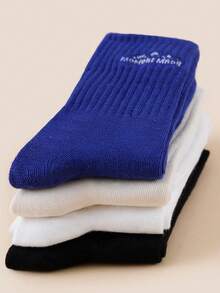 4 Pairs Random Men's Socks, Mountain Peak & Letter Embroidery Mid-Calf Socks, Solid Color Unisex Vertical Stripe Outdoor Casual Sports Socks - Multicolor - View 3