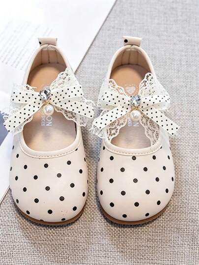 Spring Black & White Polka Dot Girls' Mary Jane Shoes, Sweet Lace Bow Design, Versatile Comfortable Soft Sole Daily Shoes For Little Girls