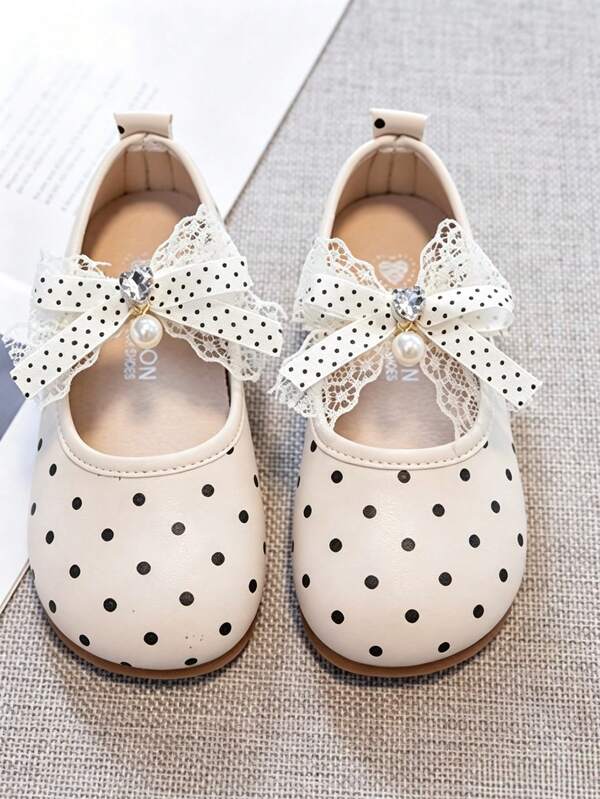 Spring Black & White Polka Dot Girls' Mary Jane Shoes, Sweet Lace Bow Design, Versatile Comfortable Soft Sole Daily Shoes For Little Girls