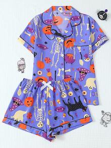 2pcs/Set Halloween Pumpkin Skull Cat Short Sleeve Collared Top And Bowknot Shorts Women's Pajama Set - Blue - View 1