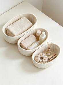 Cesta de almacenamiento ovalada para escritorio, organizador de llaves para la entrada, cesta de almacenamiento de cosméticos para la mesita de noche del dormitorio, cesta tejida, 3 tamaños disponibles - Blanco - Ver 2