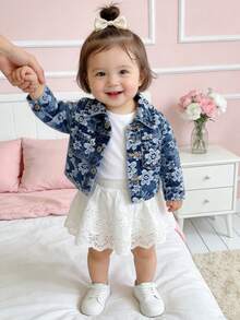 Baby Girls Spring Autumn Floral Print Denim Jacket,Lapel Button Down Coat With Pockets For Daily Home Outdoor Wear New - Blue - View 2