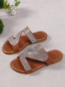 Light Luxury Style Girls Brown Z-Shaped Rhinestone Slip-On Sandals, Children's Summer Beach Vacation Outdoor Daily Wear Sandals - Brown - View 2