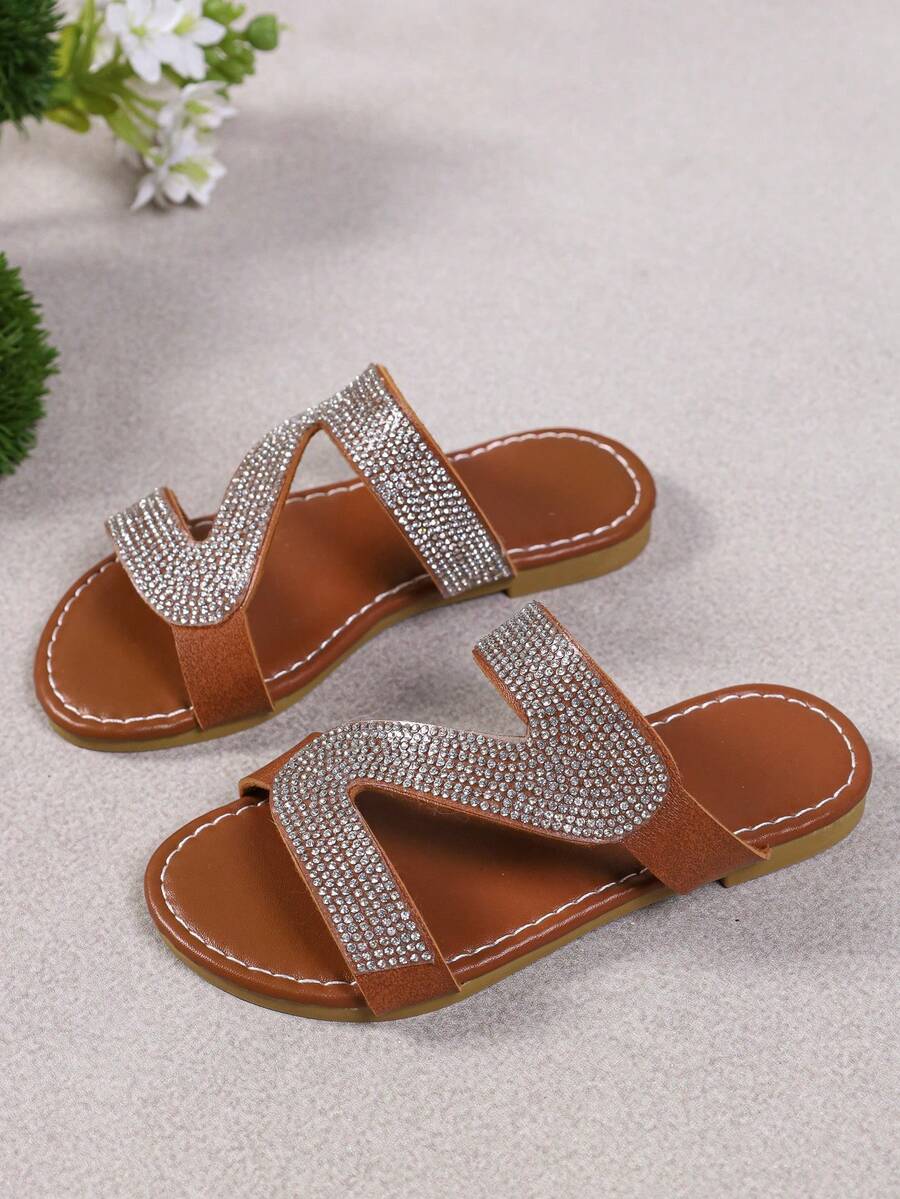 Light Luxury Style Girls Brown Z-Shaped Rhinestone Slip-On Sandals, Children's Summer Beach Vacation Outdoor Daily Wear Sandals