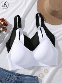 2pcs Jelly Glue Wireless Plus Size Bra, Adjustable Wide Strap, Seamless Back Closure With 4-Row Hooks For Enhanced Support And Cup Stability, Suitable For Commuting, Daily Wear, Home, Sports And Multiple Occasions, Plus Size Women's Bra - Multicolor - View 3
