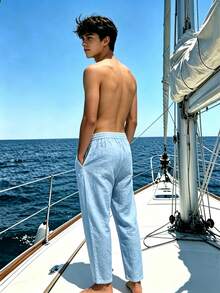 Teen Boys 1pc Simple Loose Outdoor Sports Workout Personalized Linen Texture Solid Color Tall-Looking Long Leg Straight Leg Pants Spring Autumn Winter - Light Wash - View 2