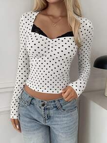 SCARLUX Fall Y2K Women Basic White Polka Dot Long Sleeve Top, Sweetheart Neck Ruched Slim Tee For Back To School Daily Street Outfits - White - View 6